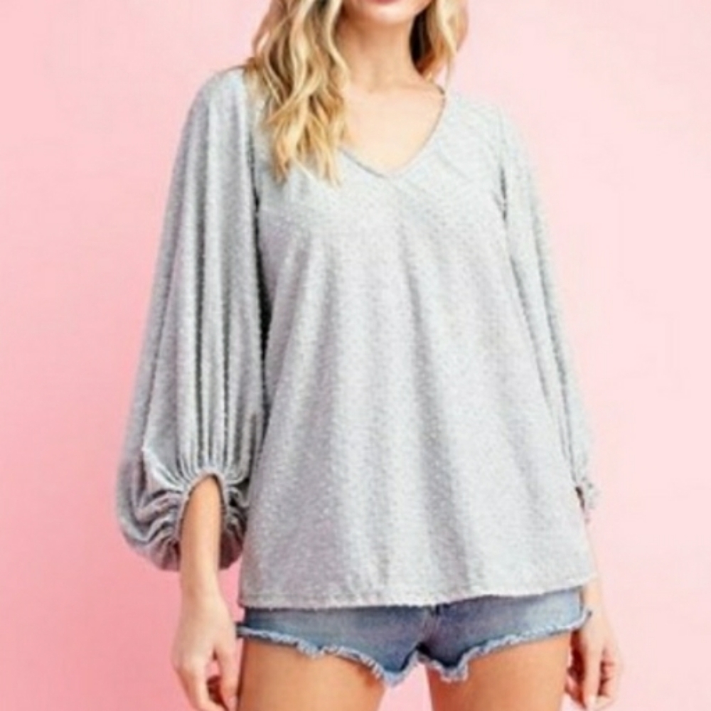 Polka Dot Pattern Puffy Sleeved V-neck Top - Picture 2 of 5